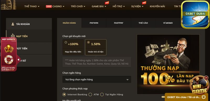 Hướng dẫn nạp tiền Oxbet qua ngân hàng