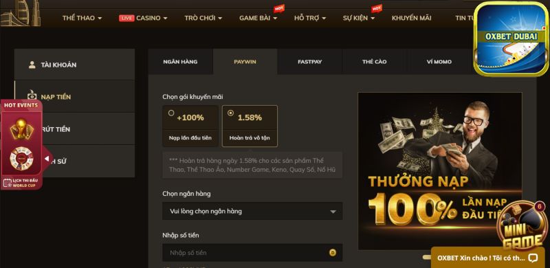 Hướng dẫn nạp tiền Oxbet qua Paywin