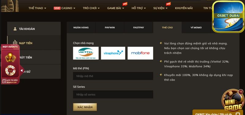 Hướng dẫn nạp tiền qua thẻ cào tại Oxbet