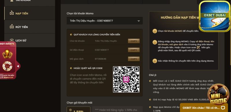 Hướng dẫn nạp tiền Oxbet qua ví Momo