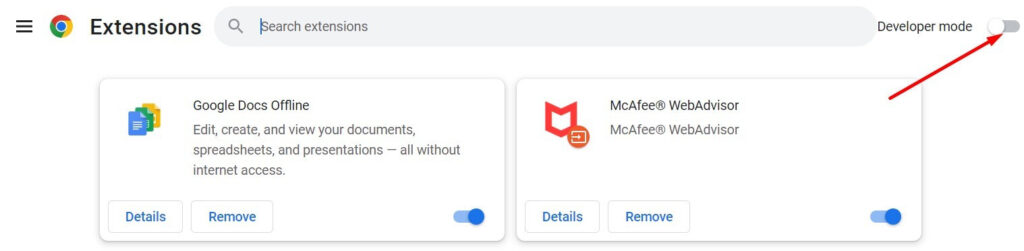 Truy cập vào Extensions và cho phép tiện ích Developer mode